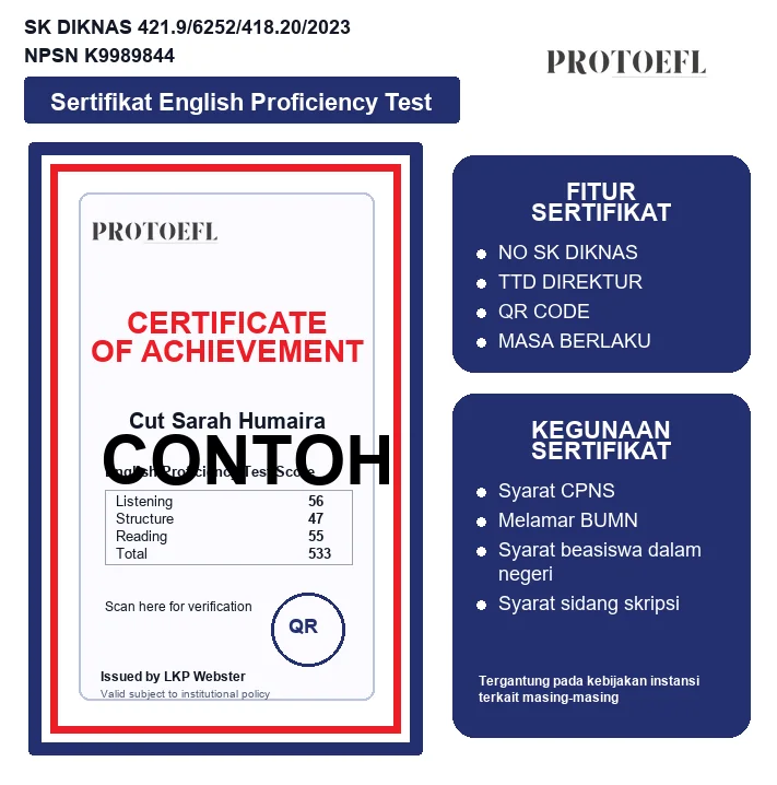 Ilustrasi sertifikat tes prediksi TOEFL gratis dari PROTOEFL